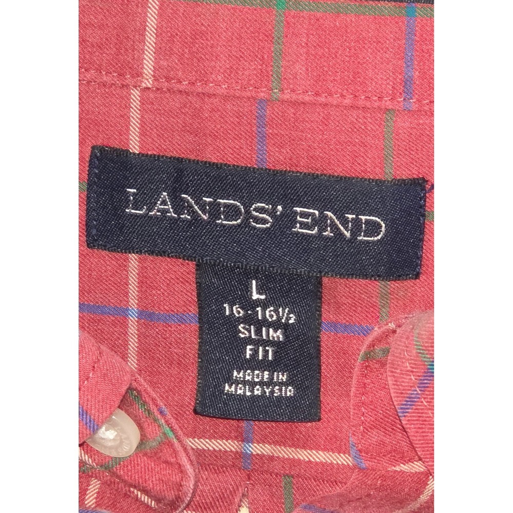 Lands End Mens Slim Fit No Iron Twill Plaid Button Down Shirt Red Large 16-16.5 - Picture 5 of 8